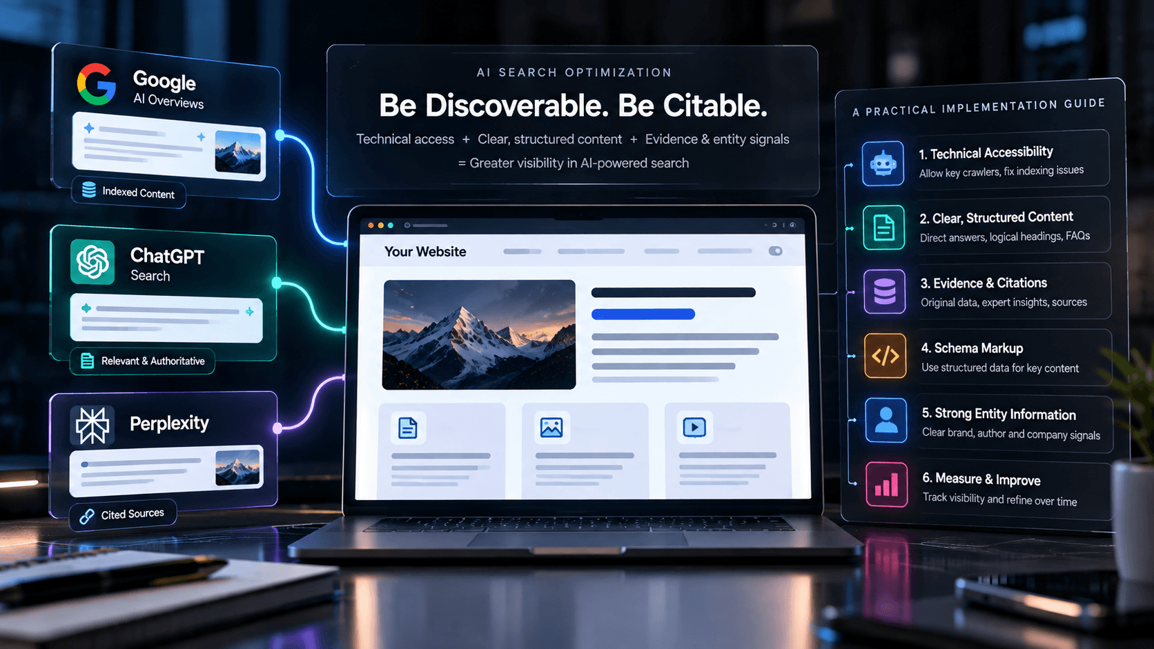 Dark technology dashboard connecting Google AI Overviews, ChatGPT Search, and Perplexity to an AI search optimization checklist.